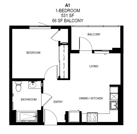 Floor plan for 1 bed, 1 bath, 598 sqft
